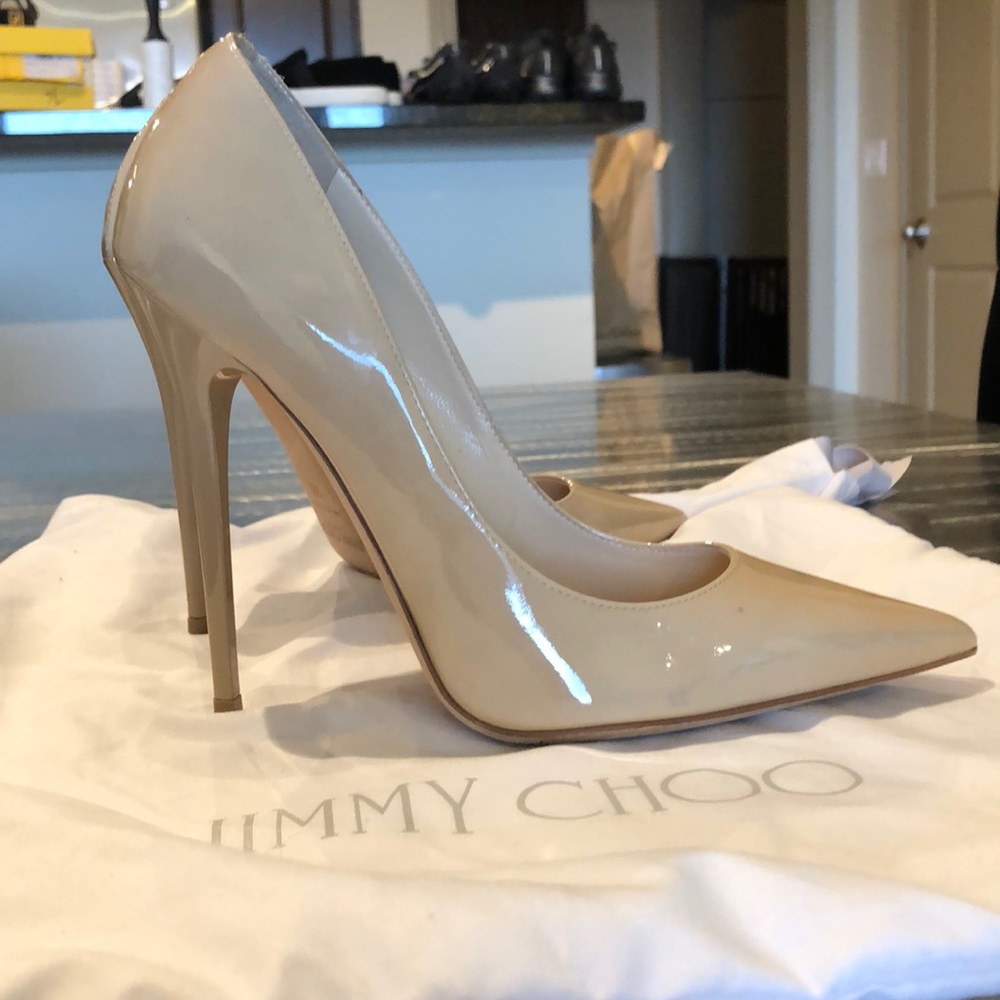 JIMMY CHOO Anouk Patent Leather Nude Pumps